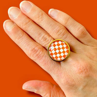 BAGUE Damier orange et blanc, géométrique