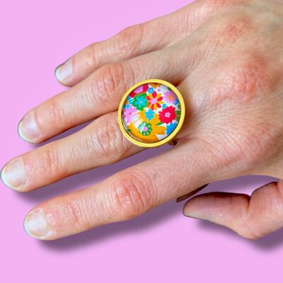 Bague Fleur colorées seventies finition dorée ou argentée