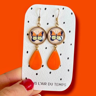 Orecchini pendenti a forma di farfalla arancione, finitura oro o argento