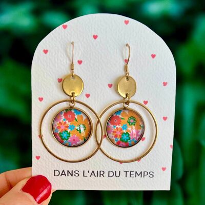 Boucles d'oreilles créoles fleurs multicolores seventies, finition dorée ou argentée