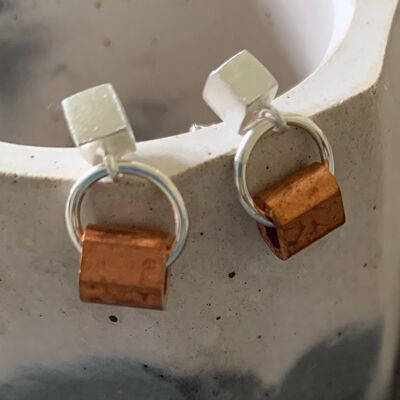 Silver Cube and Copper Earrings
