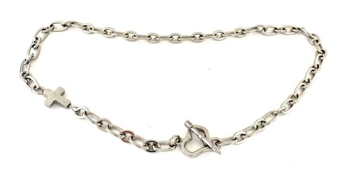 Stainless steel necklace with cross and heart clasp