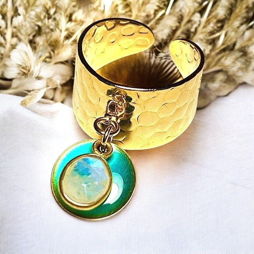 Anello "ALICE" placcato oro pregiato con pietra di luna e paillettes smaltate