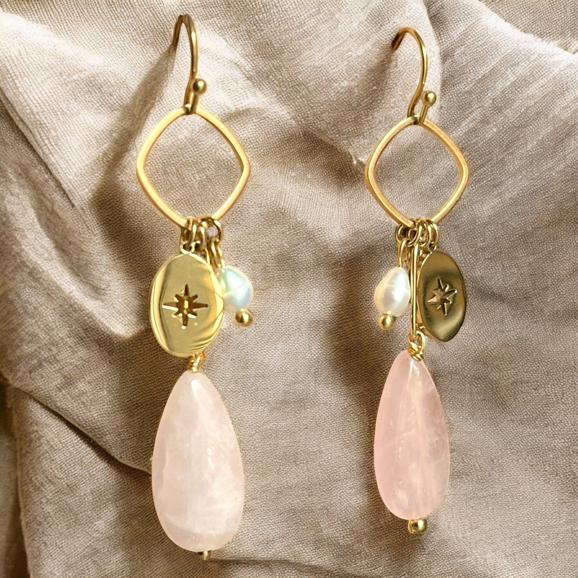 Orecchini "FRANÇOISE" in acciaio e Quarzo rosa