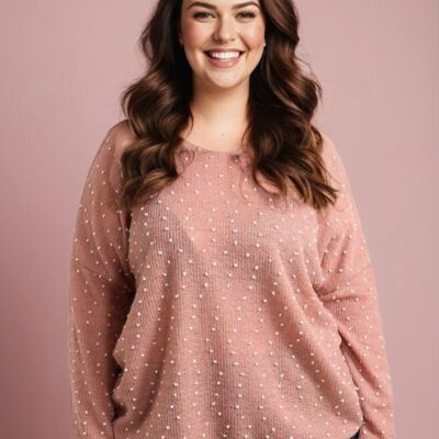Pull grande taille rose avec pois en relief (T82830&ROSE)