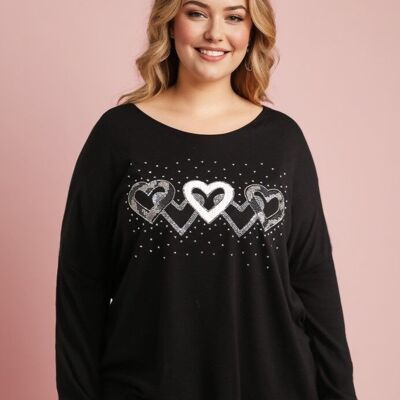 Suéter negro con estampado de corazones, talla grande (T82831)