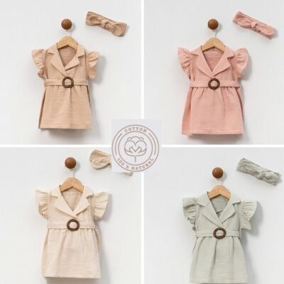 Lot de quatre robes en coton avec ceinture pour bébé fille (6-9-12-18 mois) et bandeau