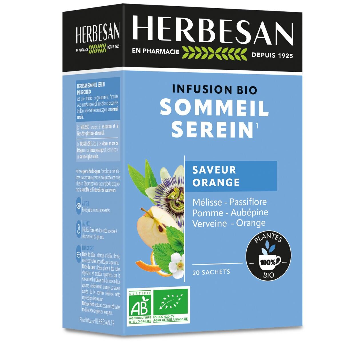 HERBESAN®- INFUSION SOMMEIL SEREIN BIO - Saveur Orange - Doux & Rond - Sans plastique - 100% plantes - 20 sachets en papier