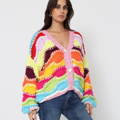 Gilet Chunky en Maille Multicolore – Tricoté à la main
