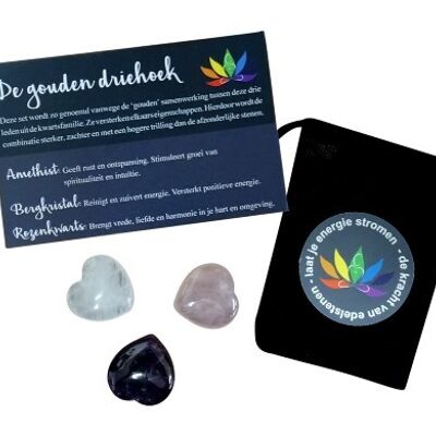 Golden triangle set – rock crystal, rose quartz, amethyst with card in velvet bag