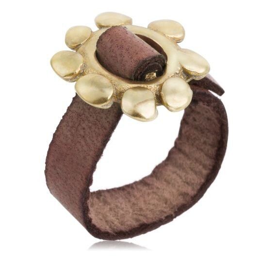 Gloria Mago anello regolabile fibbia in zama dorata pelle marrone "Cadmi"