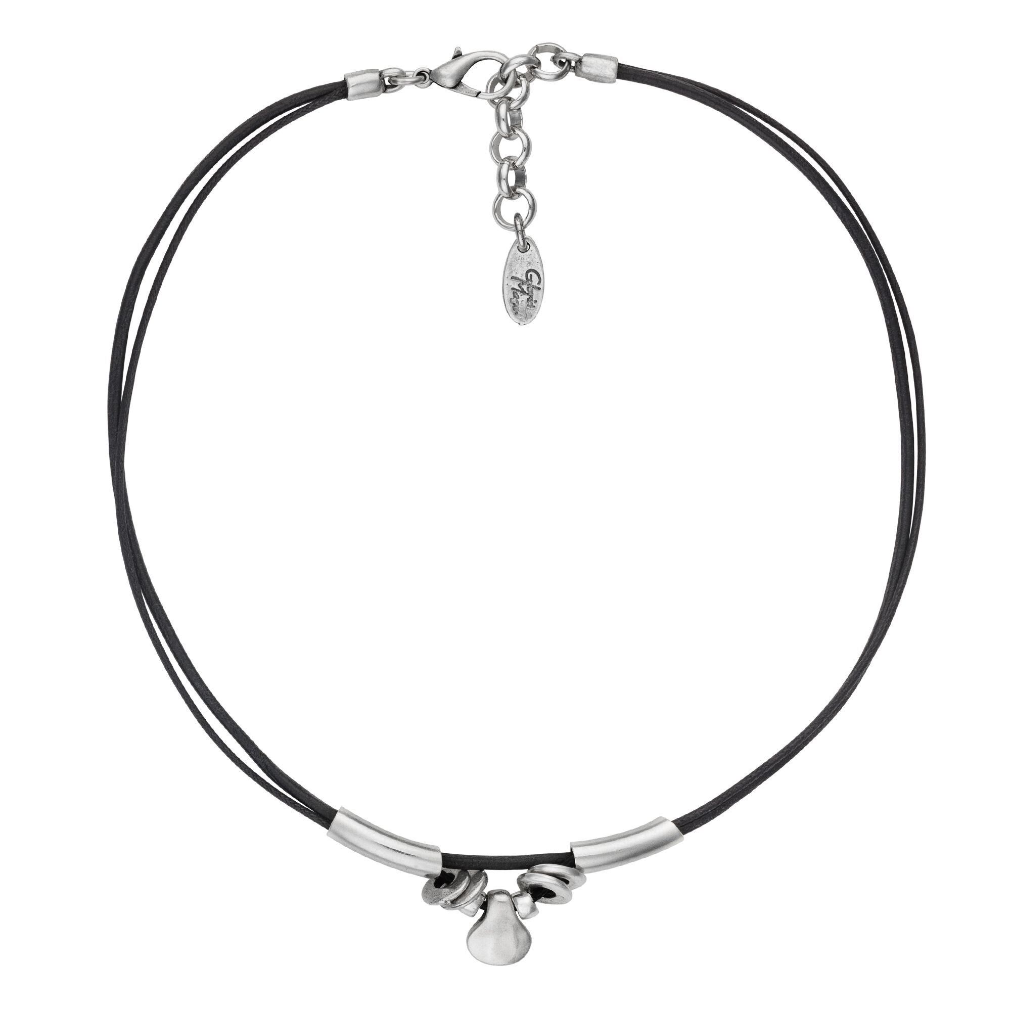 Girocollo in pelle nera e placcato argento 40 cm