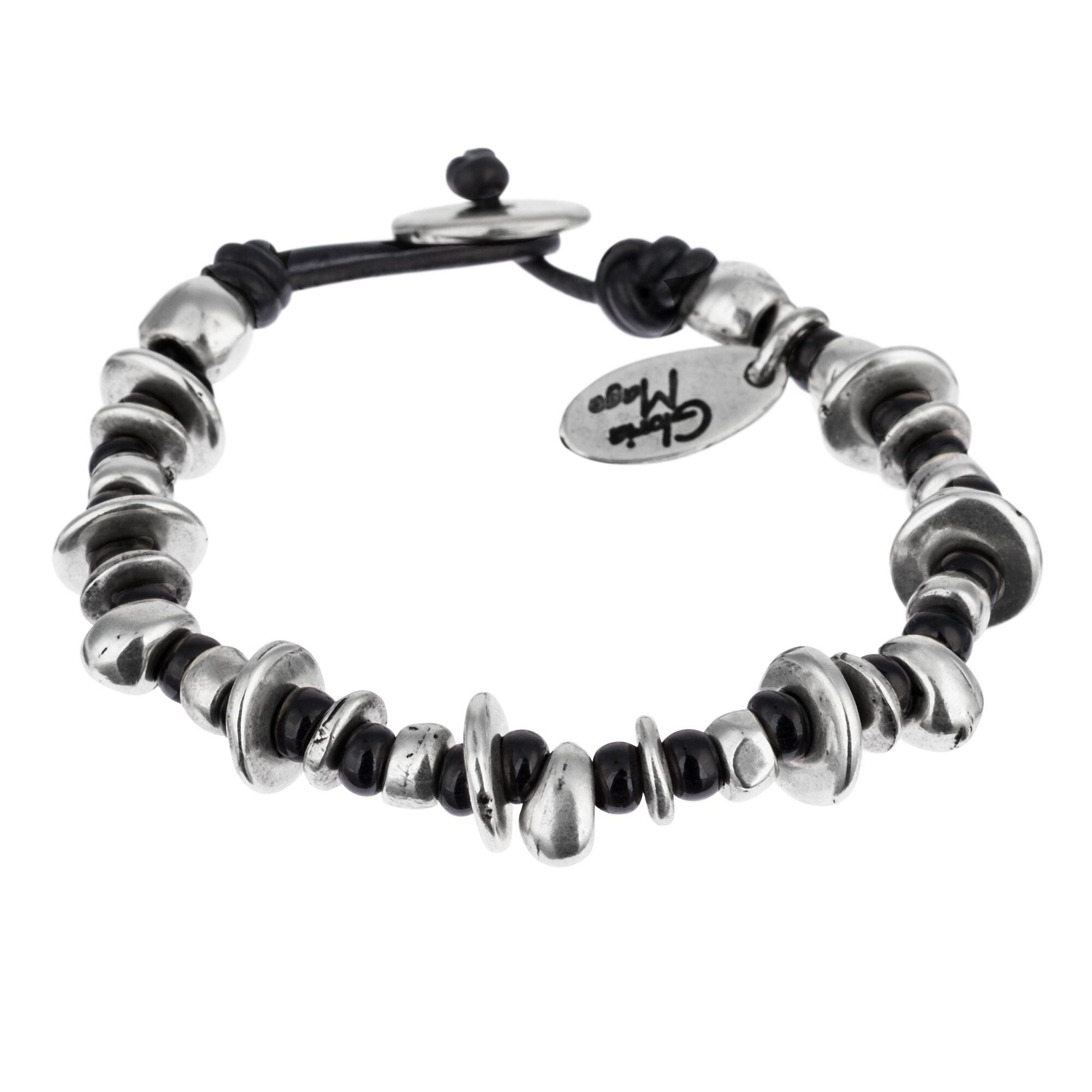 Armband aus schwarzem Leder und versilbert – schwarze Kristalle