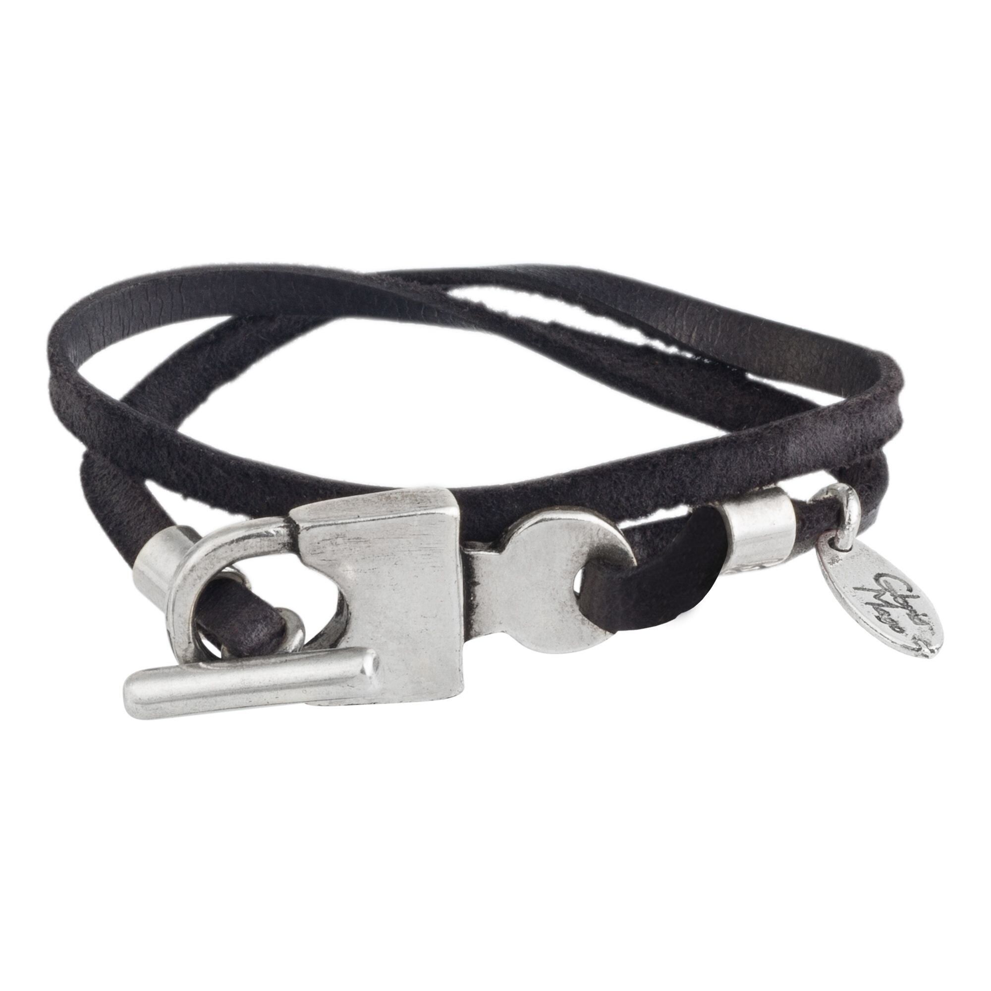 Bracciale lucchetto in pelle nera con chiusura placcata argento