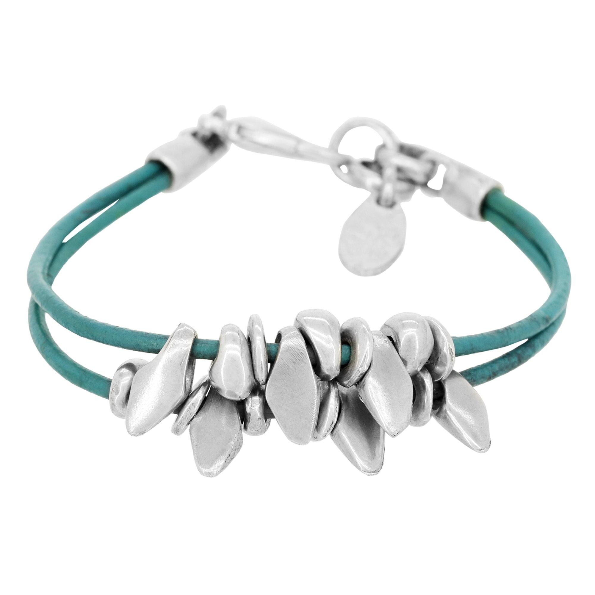 Bracciale in pelle turchese placcato due linee multibeads