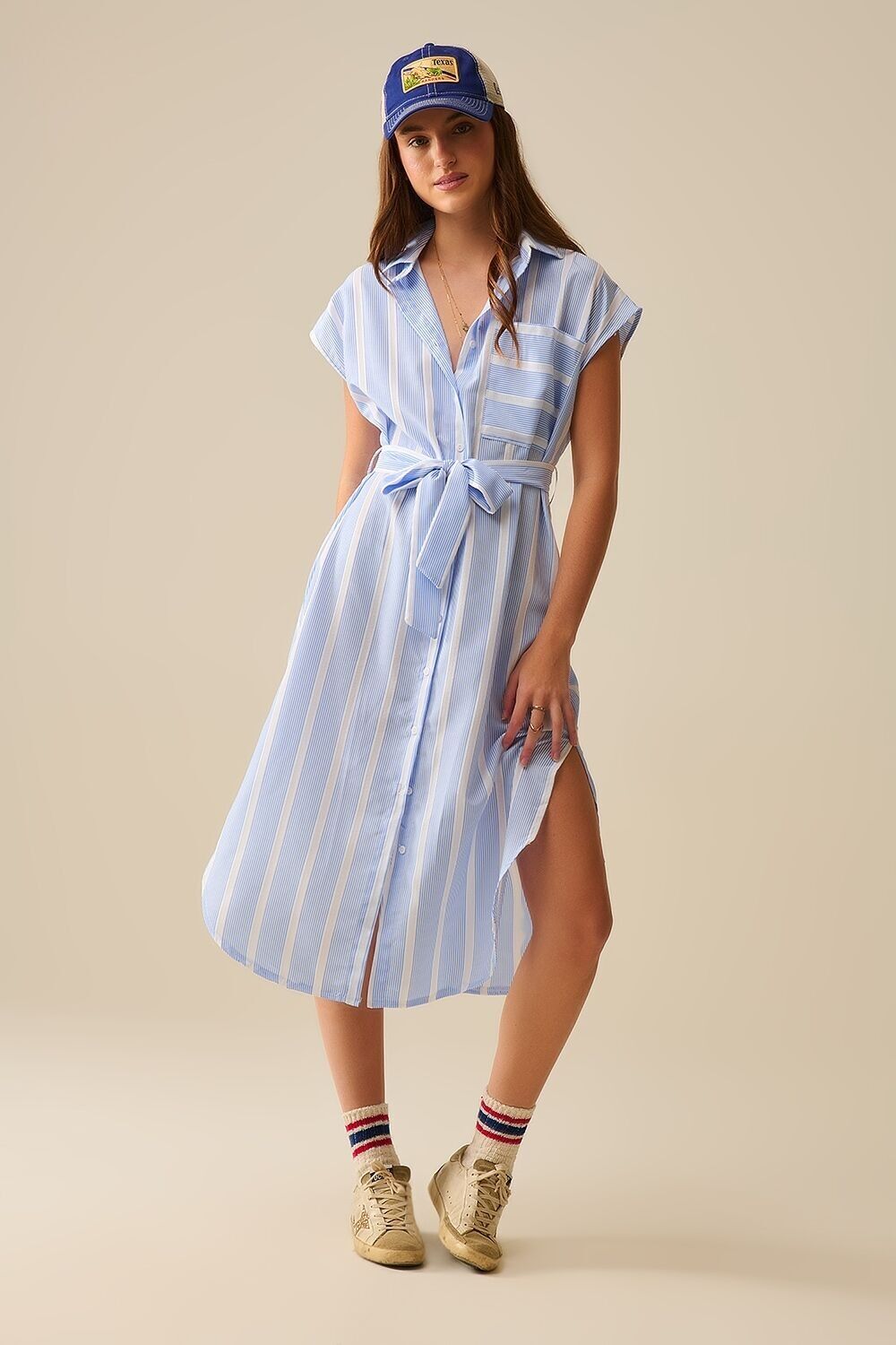 Sleeveless maxi Shirt Dress in Blue and White Stripes