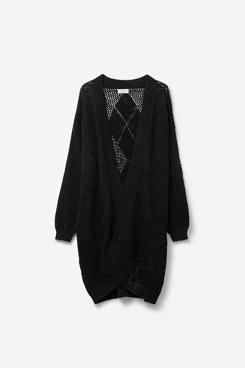 Black Draped Cardigan With Crochet Design