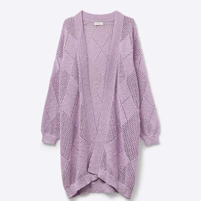 Cardigan drapé lavande avec motif crochet