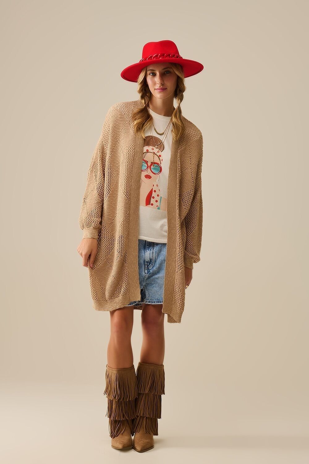 Camel Draped Cardigan With Crochet Design