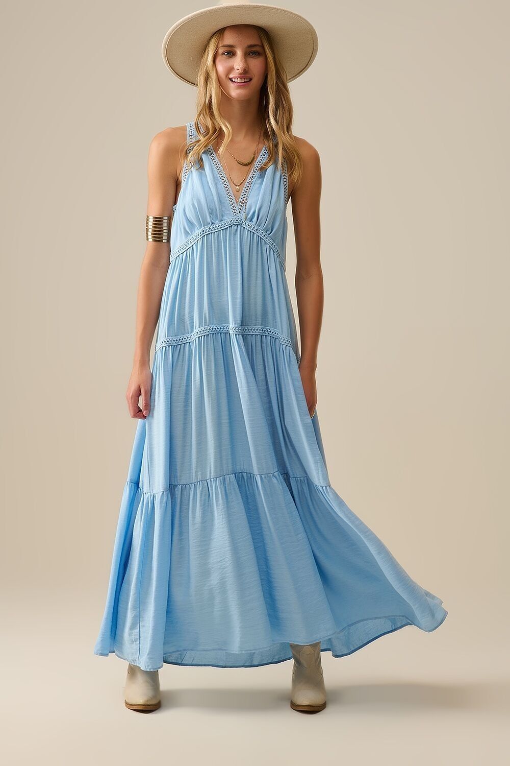 Flowy Maxi Dress with Lace Inserts in Light Blue
