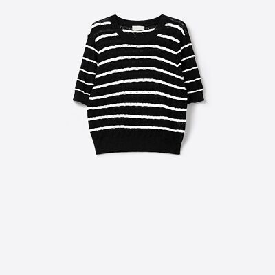 Black Openwork Knit Top with Short Sleeves and White Stripes