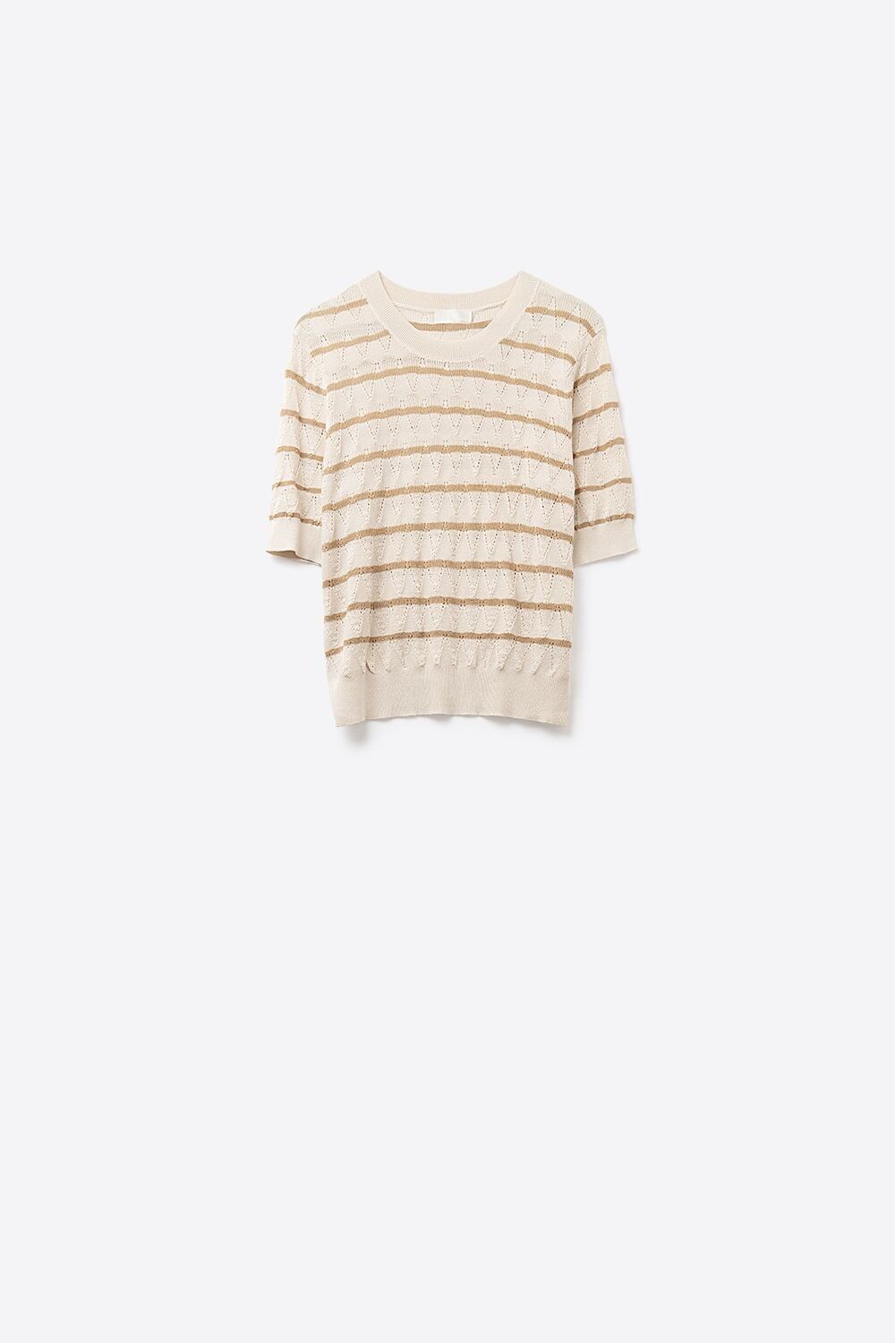 Top in maglia traforata beige con maniche corte e strisce dorate