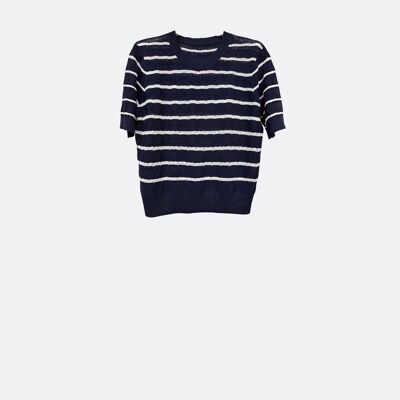 Pull en maille ajourée bleu marine à manches courtes et rayures blanches
