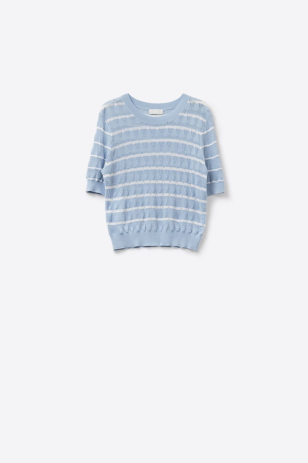 baby Blue Openwork Knit Top with Short Sleeves and White Stripes