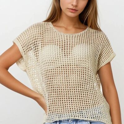 Haut à manches tombantes en crochet ouvert beige
