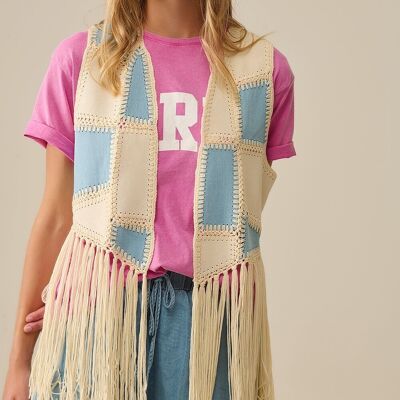 Gilet en similicuir avec détails patchwork et franges