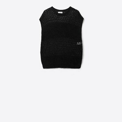 Pull noir en maille douce et ouverte et manches tombantes