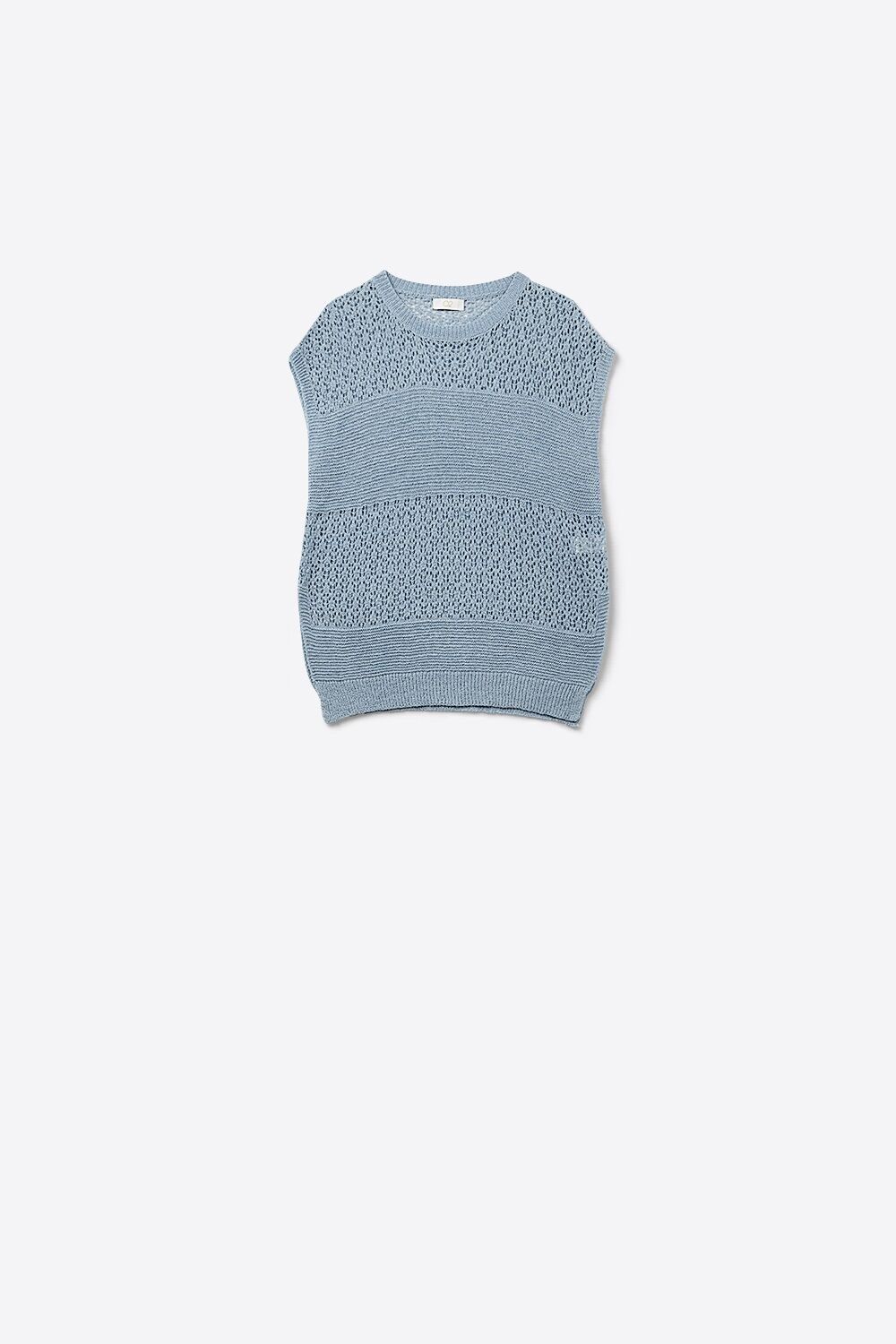 Blue sweater with soft open knit and dropped sleeves