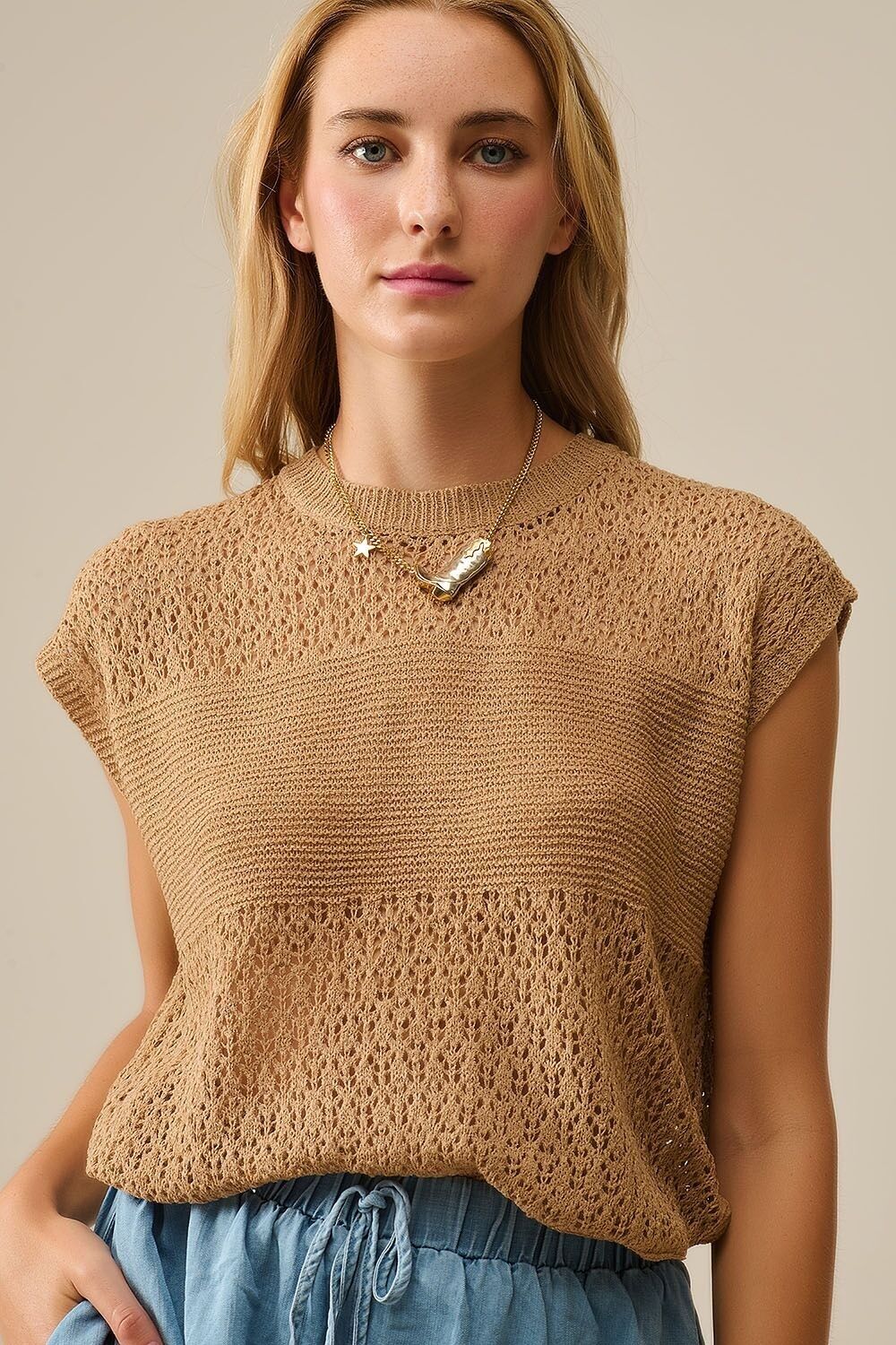 Camel sweater with soft open knit and dropped sleeves