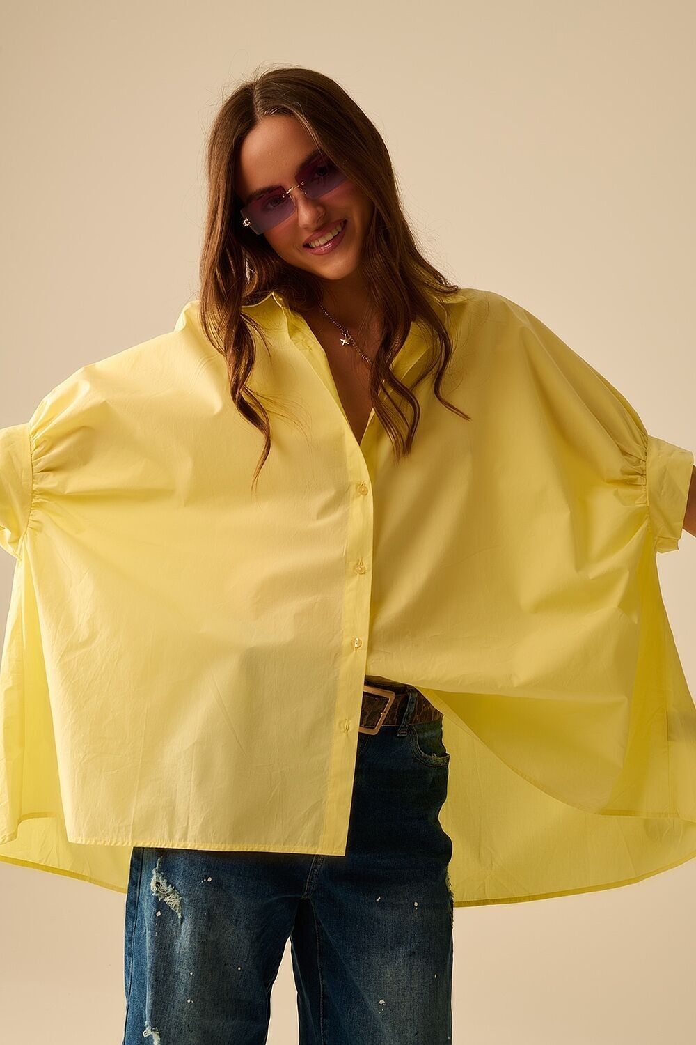 Yellow oversized blouse with short sleeve