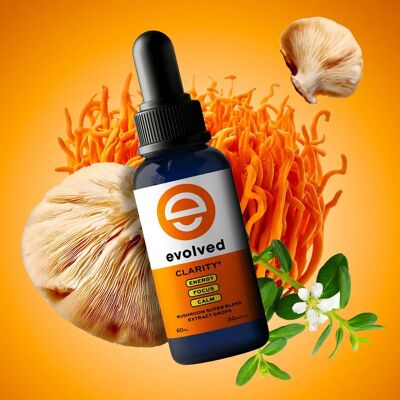 Extrait liquide de champignons et adaptogènes Clarity+ | Mélange de crinière de lion, cordyceps et bacopa biologiques pour la concentration, l'énergie et la productivité