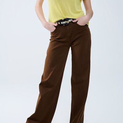 Pantalones de tiro alto y pierna ancha de color marrón chocolate