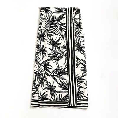 Gonna midi in tessuto leggero con motivi tropicali in bianco e nero