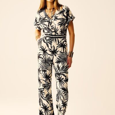 Combinaison à manches courtes à motif tropical en noir et blanc