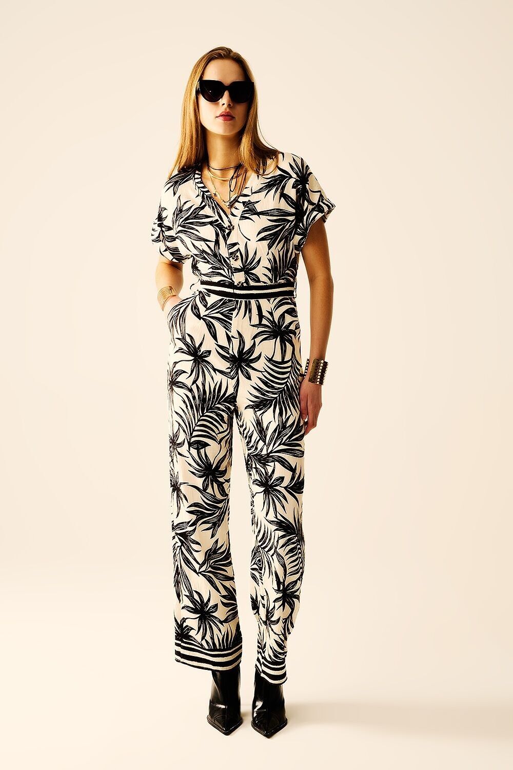 Tropical Motif Short Sleeve Jumpsuit in black and white