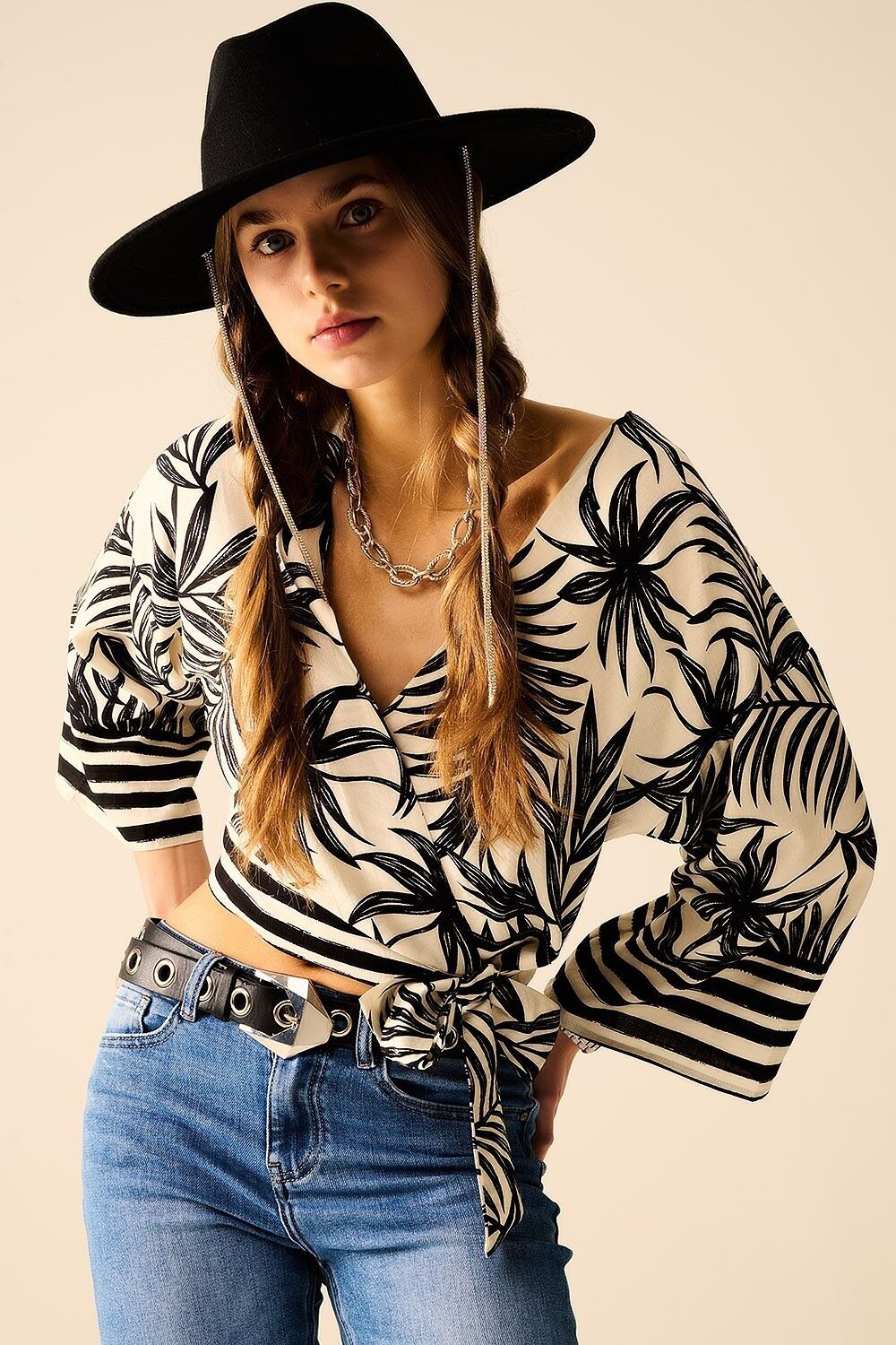 Cropped Top In White With Tropical Motif in Black