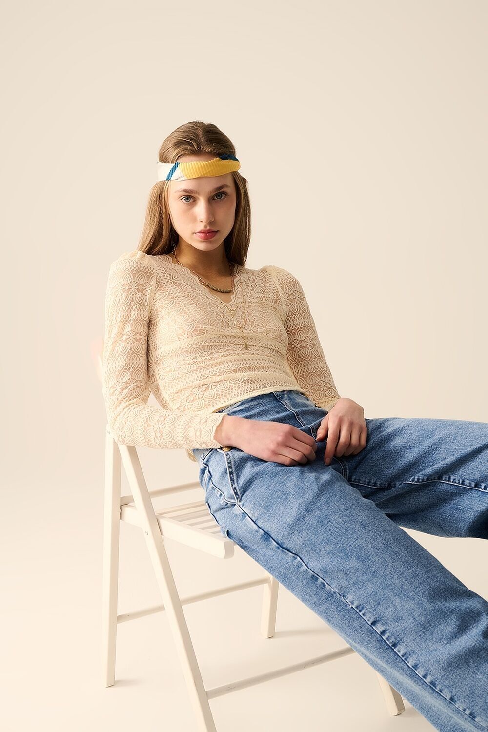 Romantic V-neck Lace Top With Long Sleeves in beige