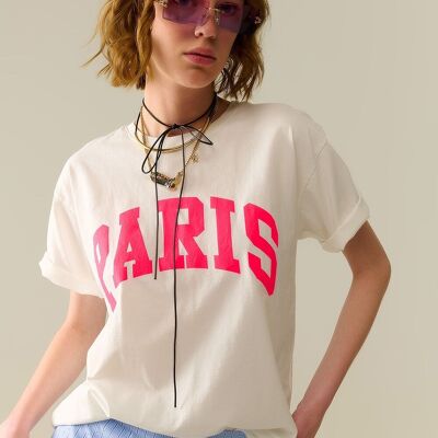 Camiseta relajada blanca de París con letras rosas