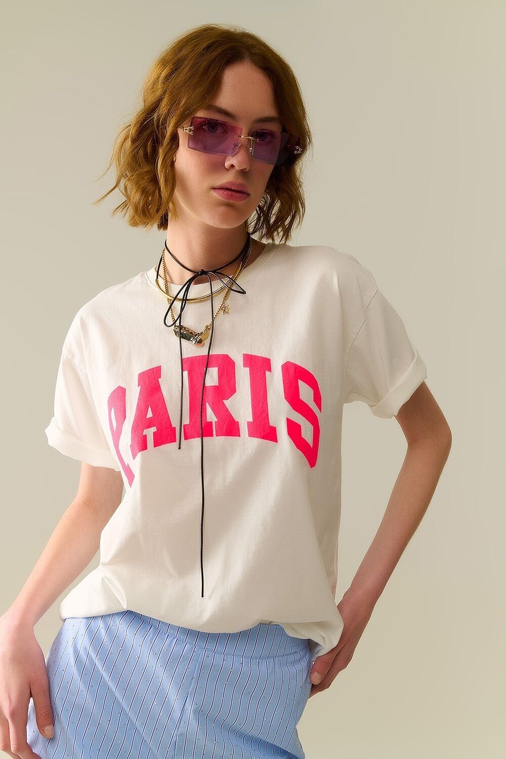 White Paris Relaxed T-shirt with Pink Letters