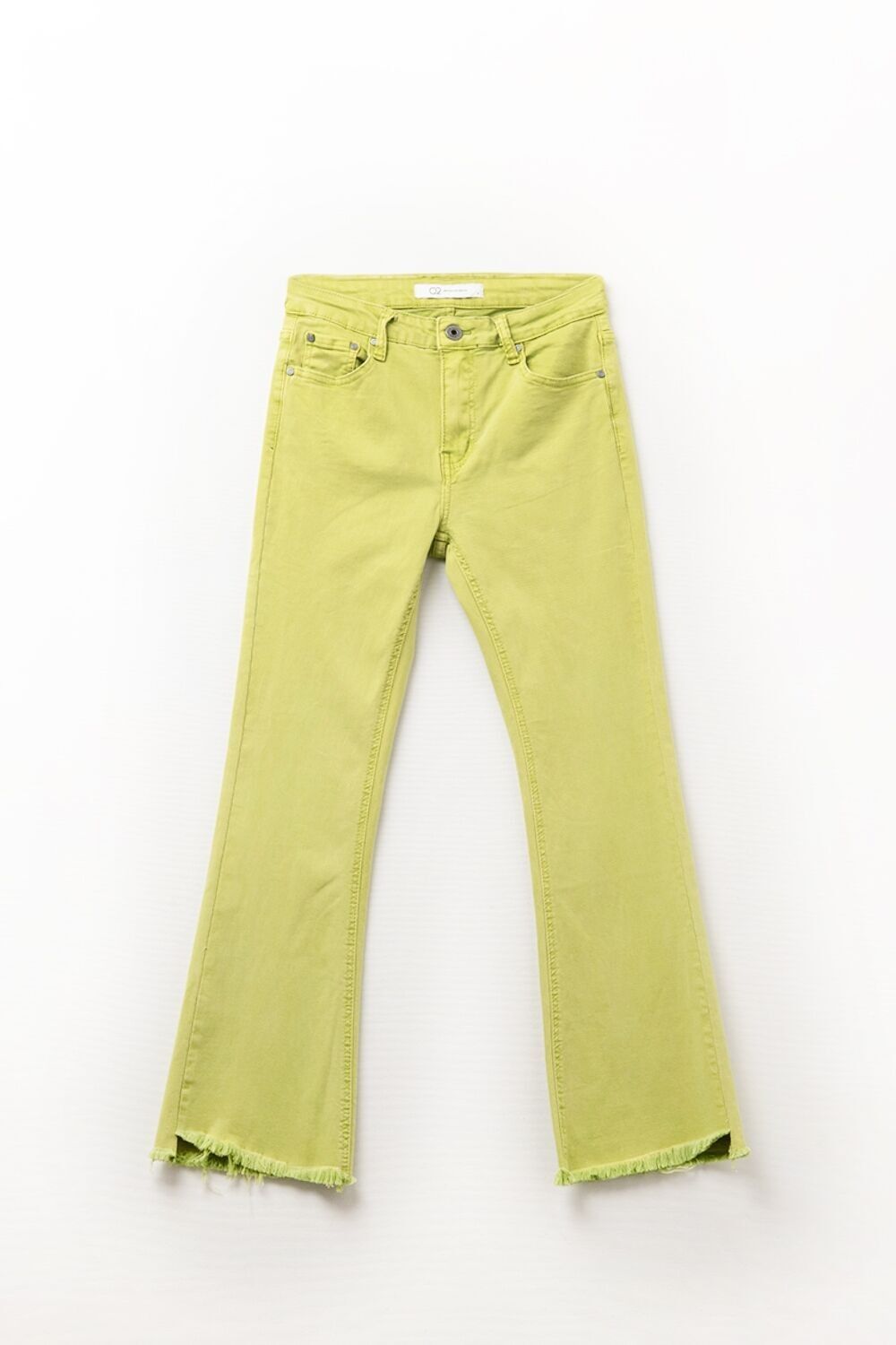 Flare jeans with raw hem edge in lime color