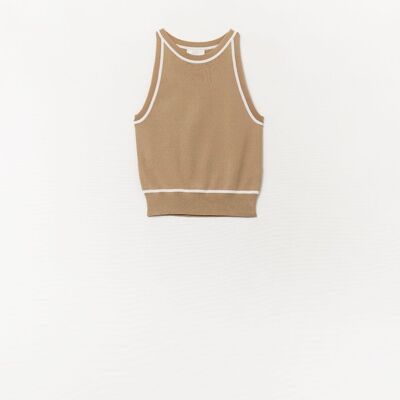 Sleeveless Sweater In Camel Featuring detail White Lines