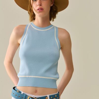 Pull sans manches bleu avec détails de lignes blanches