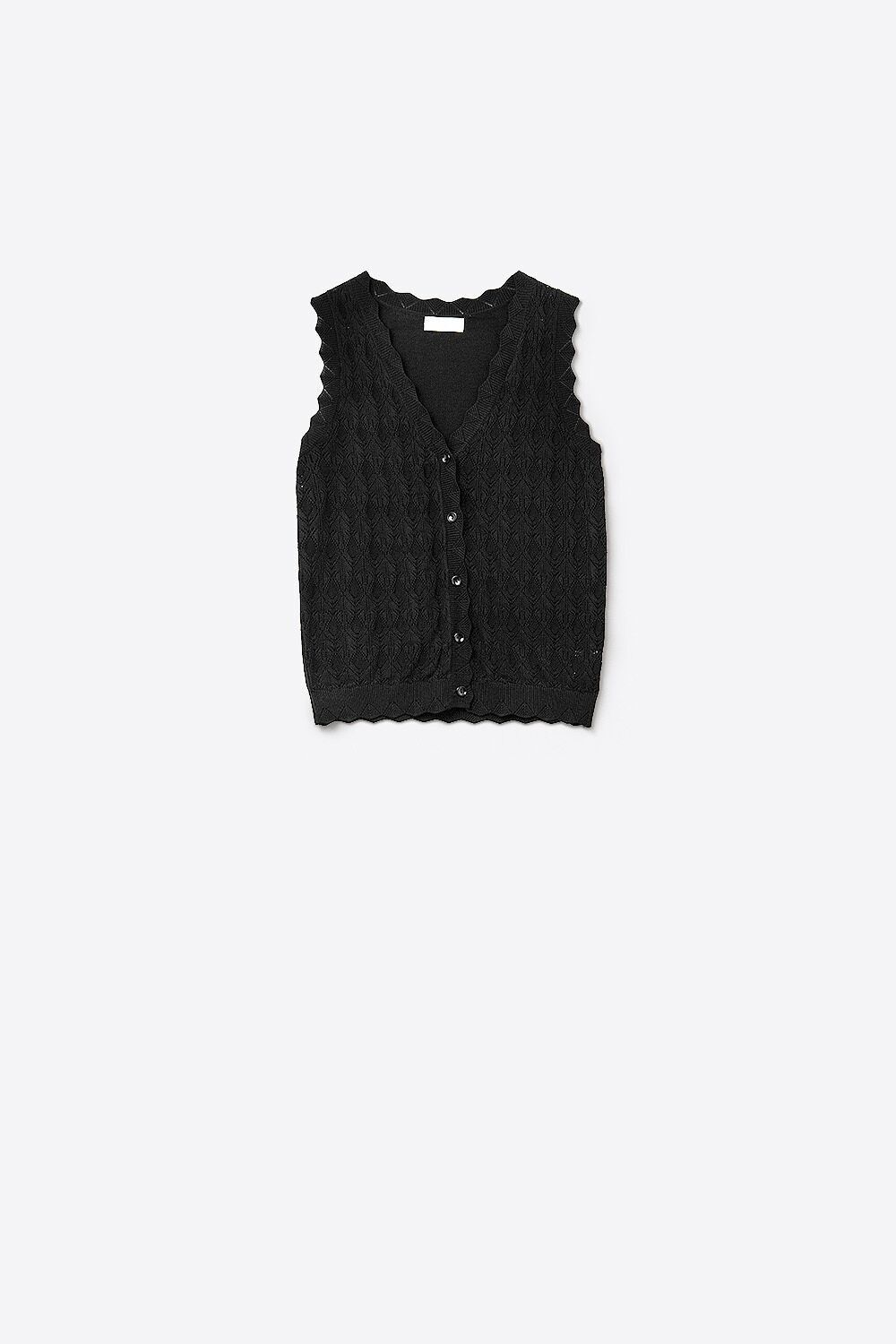Gilet in maglia traforata con bordi smerlati in nero