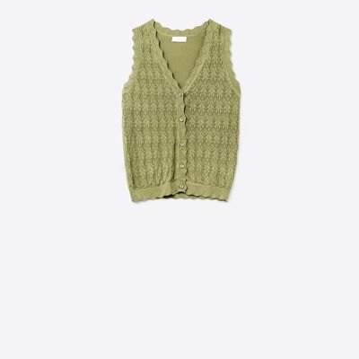 Pointelle Knitted Vest With Scalloped Edges in Khaki