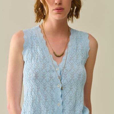 Pointelle Knitted Vest With Scalloped Edges in Baby Blue
