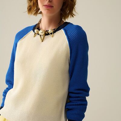 moss stitch knitted sweater with contrasting sleeves in blue